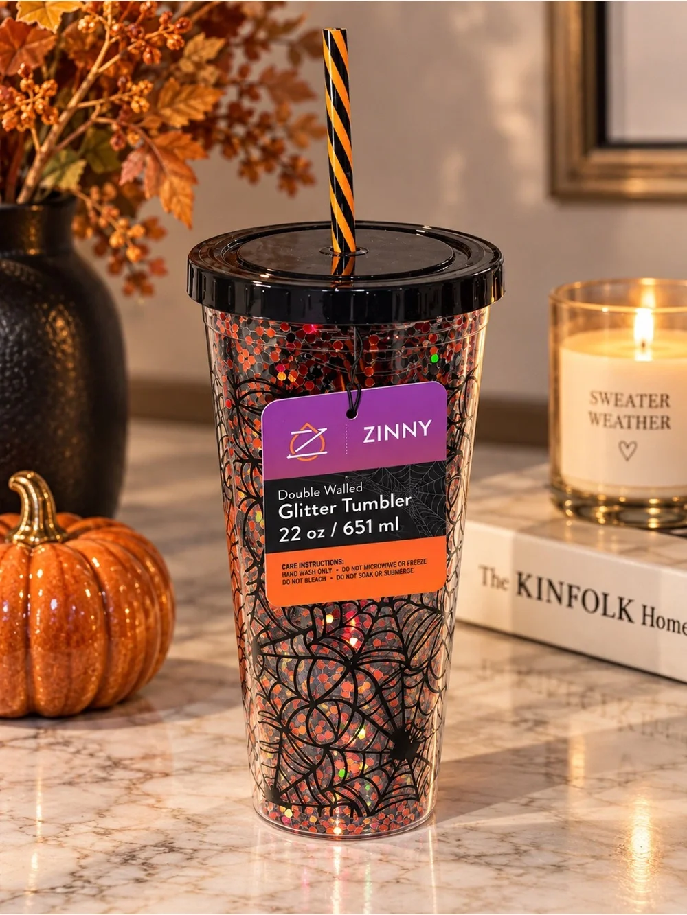 Black & Orange Glitter Double-Wall Tumbler with Lid and Straw